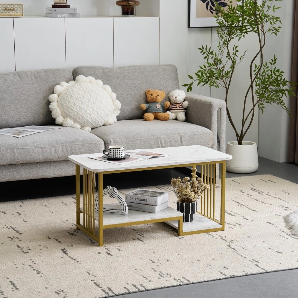 155【新作登場】センターテーブル 大理石調 幅90cm 収納付き 長方形 ローテーブル おしゃれ 収納棚 コーヒーテーブル リビングテーブル コンパクト 北欧 カフェテーブル【ホワイト＋ゴールド】