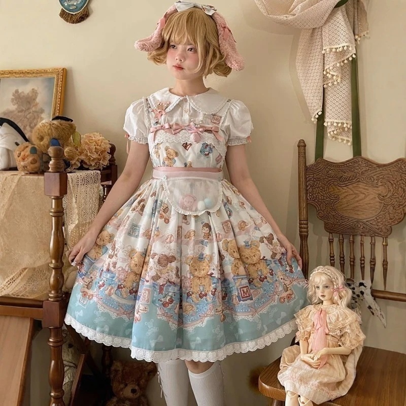 Lolita夏季纯棉内搭洛丽塔百搭JSK短袖上衣泡泡袖可爱打底衬衣