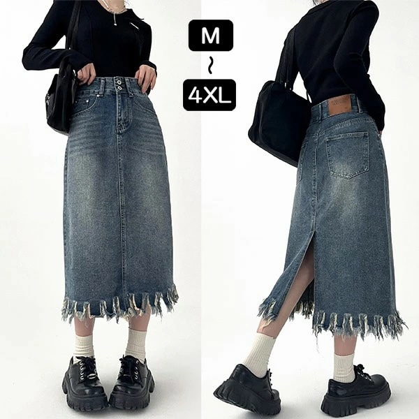 デニムスカート レディース ヴィンテージ加工 バックスリット デニム素材 ミモレ丈 膝下 ロング ロングスカート 体型カバー 無地 痩せ見え 通勤 ペンシルスカート シンプル ゆったり 大きいサイズ