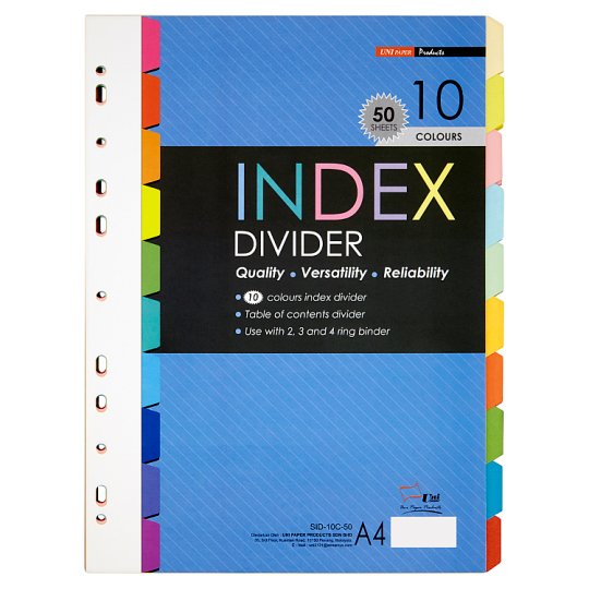 UNI Paper A4 Index Divider 10 Colours 50 Sheets