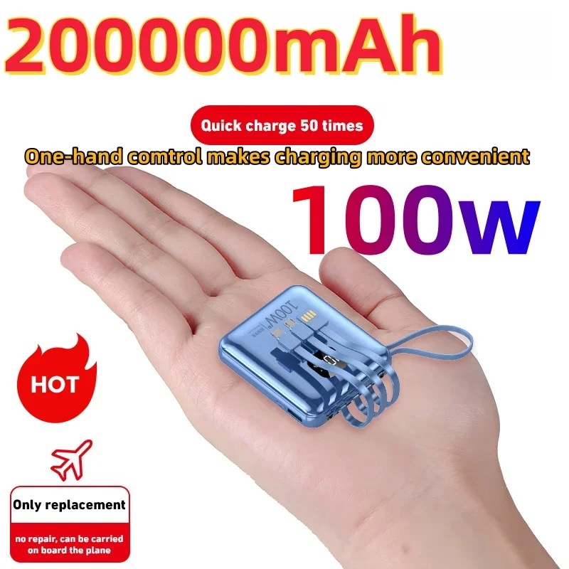 ポータブル大容量バッテリー200000mAh, 100W,超高速充電,内蔵ケーブル,iPhone, Samsung, Xiaomi用外部バッテリー - 509