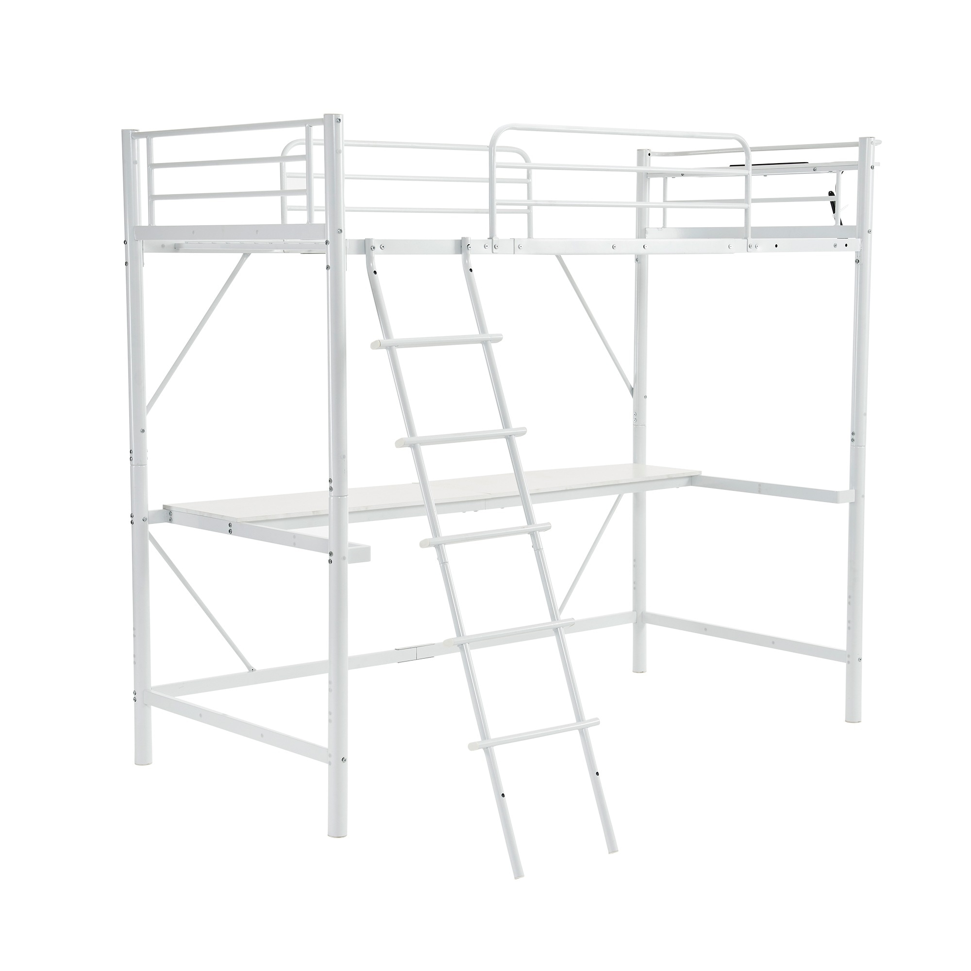 【ホワイト】システムベット 宮棚　ロフトベッド シングル コンセント付き 移動可能デスク付き 北欧風 二段ベッド 大人用　二段ベッド スチール 耐震