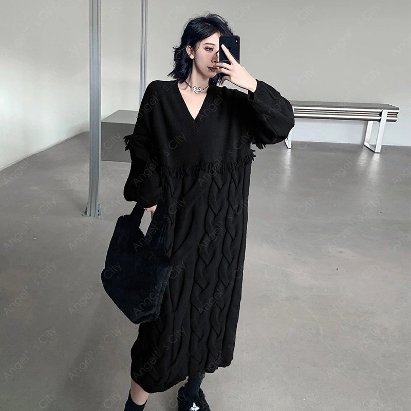 す ニット ワンピース ロングワンピ 大きいサイズ 厚手 レディース ニットワンピース ロング プルオーバー 体型カバー マキシワンピース リブニット ミモレ丈 チュニック タイト-78