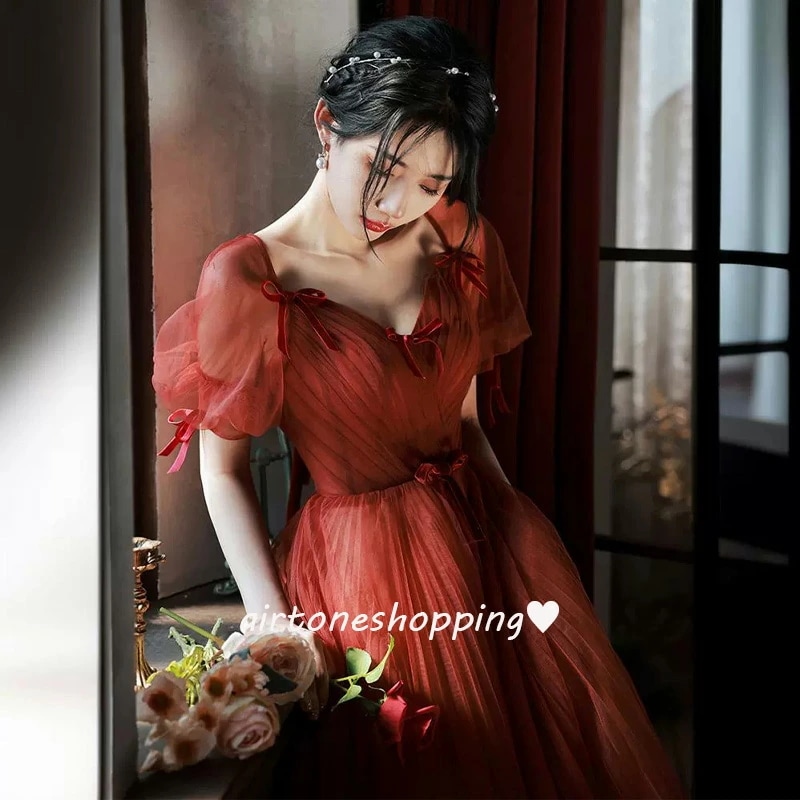 結婚式ドレス 二次会ドレス ゲストドレス ワイン赤 パフスリーブ リボン 可愛い ロングドレス 結婚式 二次会 ワインレッド チュール ドレス パーティードレス ロング Aライン XS S M L X