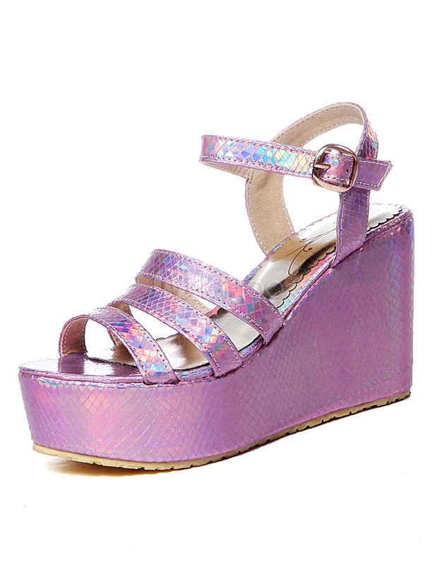 パープルウェッジサンダルプラットフォームPUハイヒール