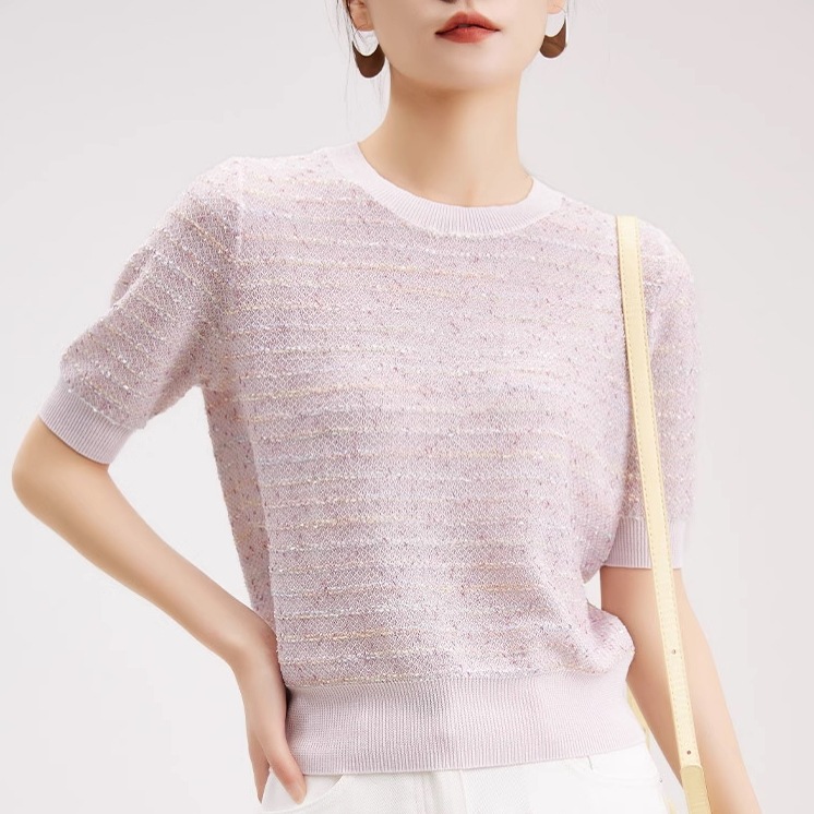 トップス ニットソー ショート丈 袖あり 半袖 ラウンドネック ニット サマーニット 薄手 かわいい 大人可愛い きれいめ カジュアル 大人 上品 おしゃれ お洒落 レトロ 大人可愛い 大人女子