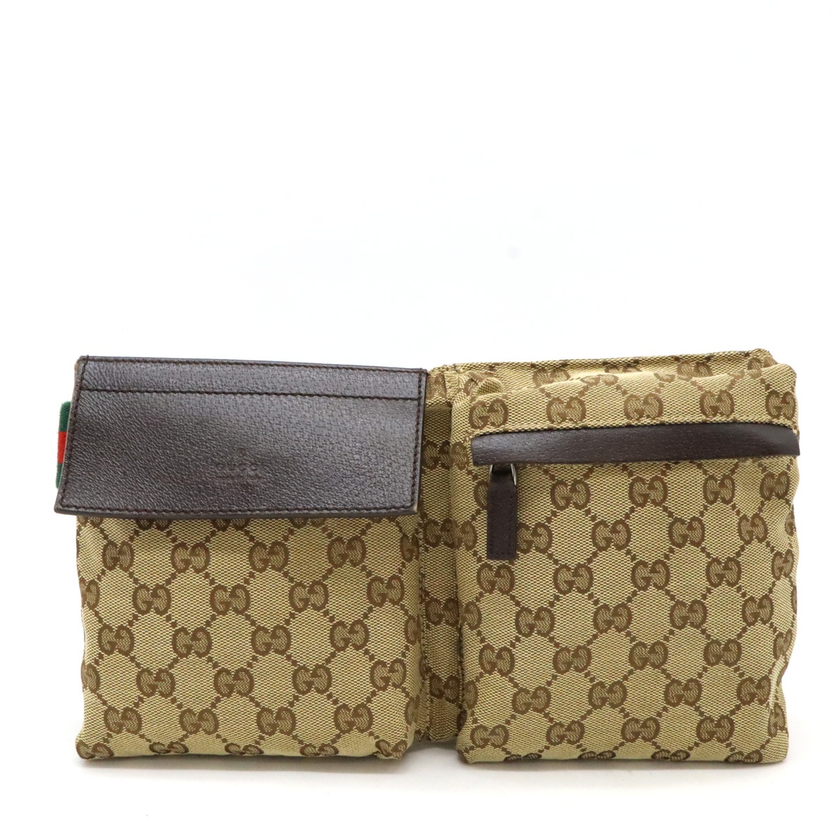 GGキャンバス シェリーライン ボディバッグ ウエストポーチ ヒップバッグ レザー カーキベージュ ダークブラウン 茶 2856