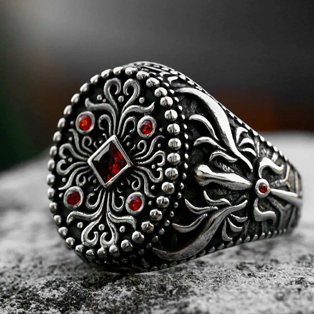 レッドキングエンブレム ステンレスリング（XRB021）指輪 23号-31号 印台型 赤色 ストーン 楕円形 プレゼント 男性 女性 親指 人差し指 中指 薬指 大人 r1118xxxxxxxx