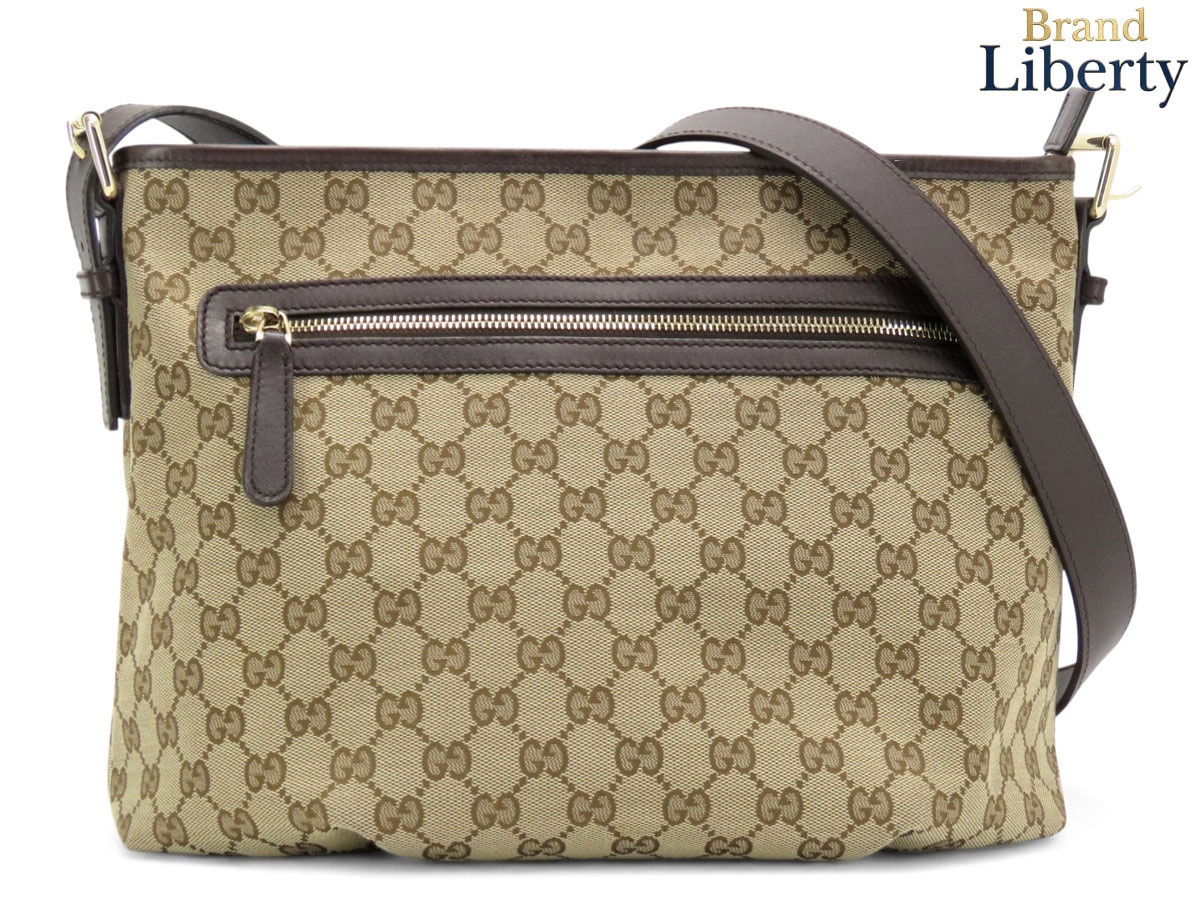 超美品グッチGUCCIGGキャンバス斜め掛けショルダーバッグメッセンジャーバッグベージュダークブラウンキャンバスレザー388930