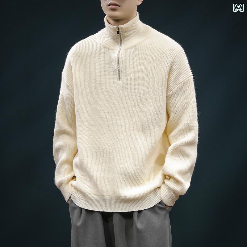 セーター メンズ ニット トップス 秋冬 ハーフジップ カーディガン ハイネック ホワイト グレー ブラック 韓国