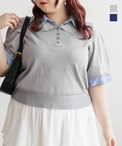 大きいサイズ レディース LL 3L 4L XL XXL XXXL CLETTEオリジナルダブル襟ロゴ刺繍ニット