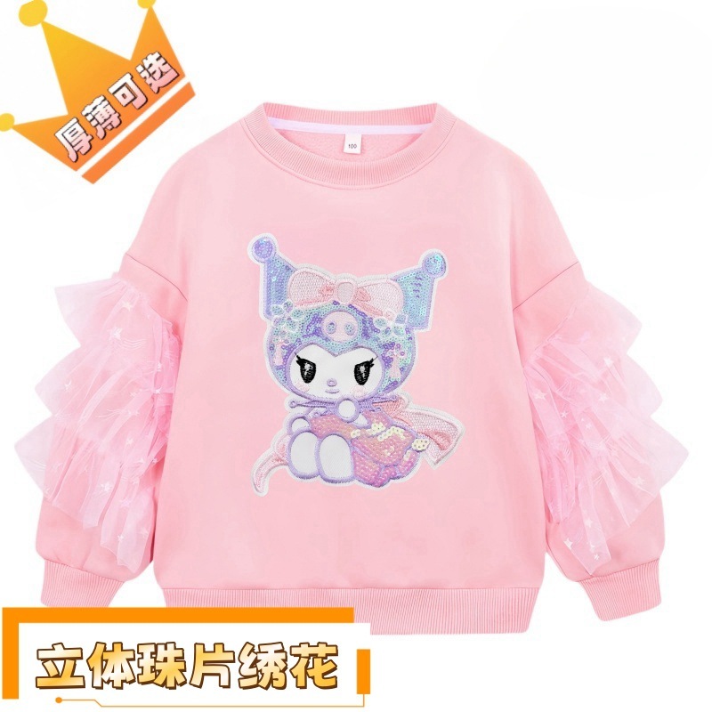 【急速出荷!】秋冬メッシュ袖クロミ漫画子供服ビーズ刺繍ラウンドネック長袖スウェットシャツプラスベルベット女の子可愛い