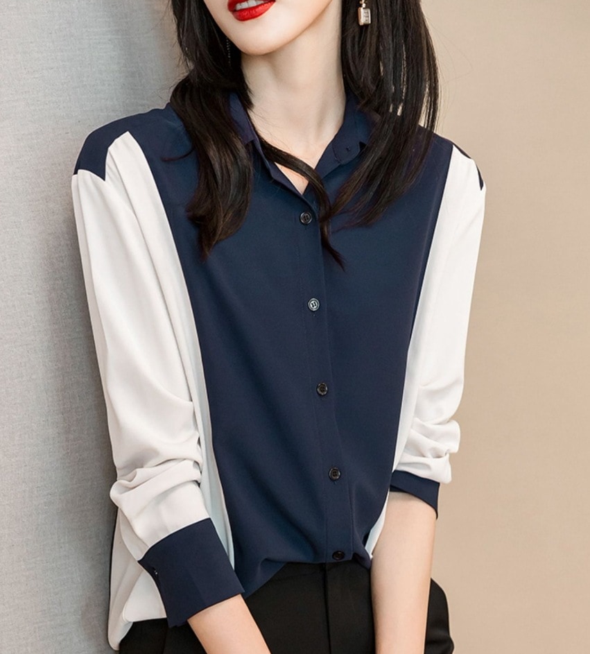 デート モテアイテム シャツ ブラウス フレアスカート 長袖 シフォン 切り替えデザイン バイカラー 可愛い きれいめ 上品 おしゃれ かっこいい 可愛い ラブリー キュート ガーリー クール