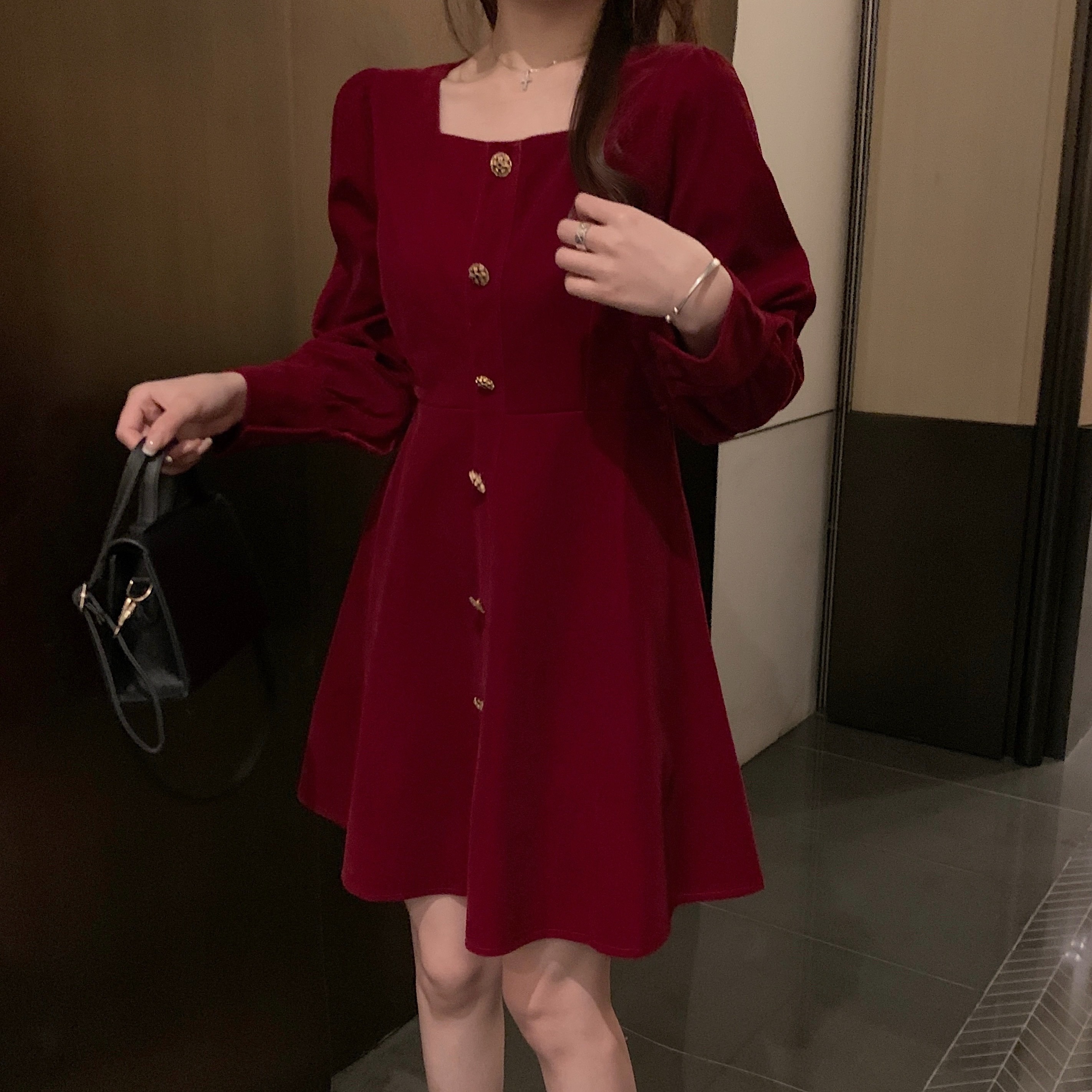 ワンピース ドレス レディース ブラック レッド ベロア スクエアネック クリスマス パーティー 結婚式 二次会 ビッグリボン ワンピース ワンピドレス ミニ丈 長袖 パフスリーブ スクエアネック