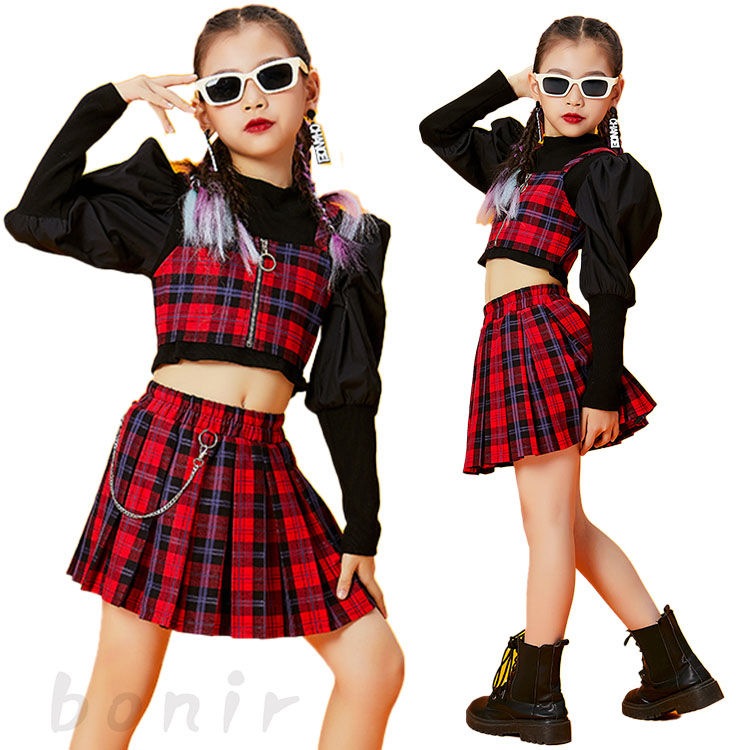 赤 チェック柄 スカート 女の子 長袖 韓国 k-pop ダンス衣装 へそ出し トップス セットアップ ギンガムチェック チアガール ダンス衣装 ジャズ 子供服 ヒップホップ 長袖 hiphop ジュ