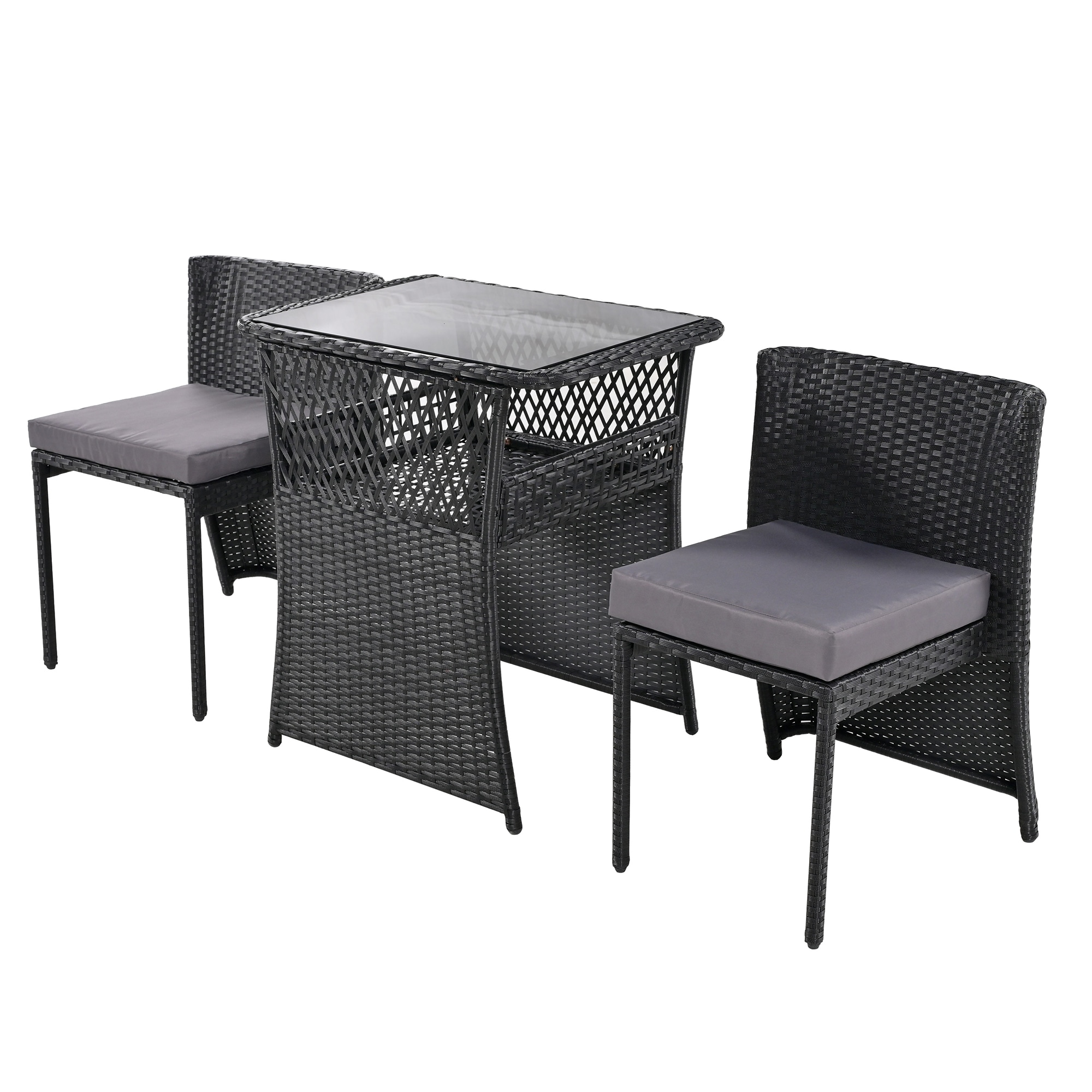 ガーデン テーブル 3点セット ラタン調 ガーデンファニチャー ベランダテーブル ガーデンテーブル ガーデンチェアー テーブル コンパクト 家具 樹脂 ホテル カフェ【ブラック+グレー】