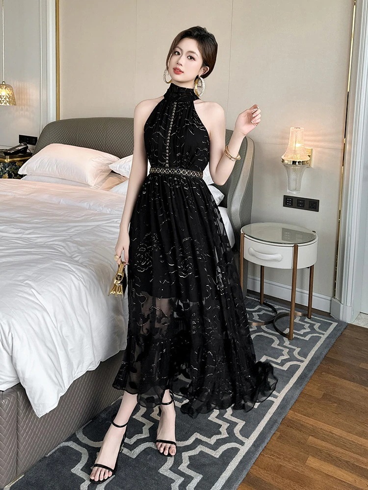 Hot!!!2024夏新品 ホルダーネック ノースリーブ シフォンワンピース ドレス パーティー キャバ 大人 同窓会 披露宴 卒業式 結婚式 演奏会 ウェディング 二次会 メガ割