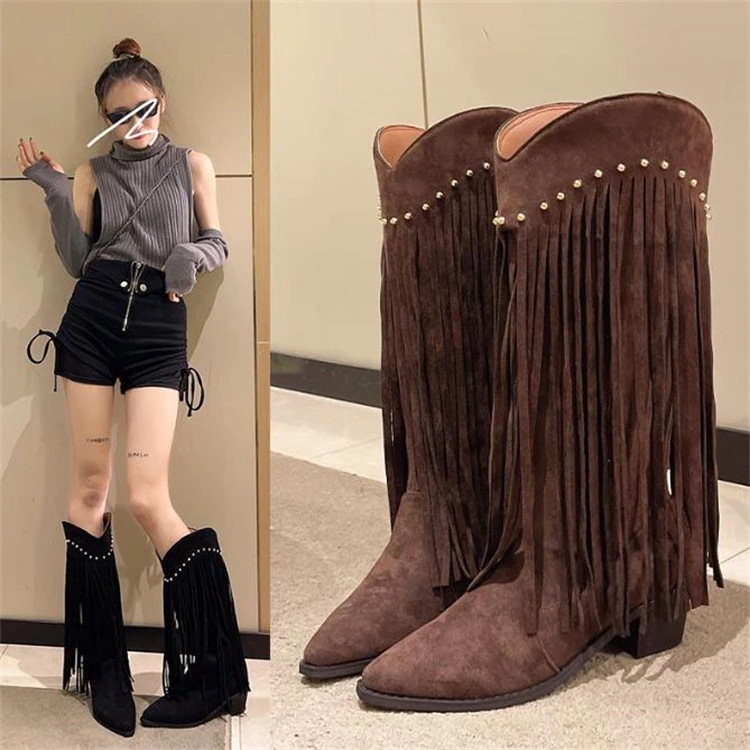 早い者勝ち リベット 2023秋冬 ロングブーツ レトロ ギャル 気質 ハイブーツ ウエスタンフリンジ Vポート 西部カウボーイブーツ 洗練された