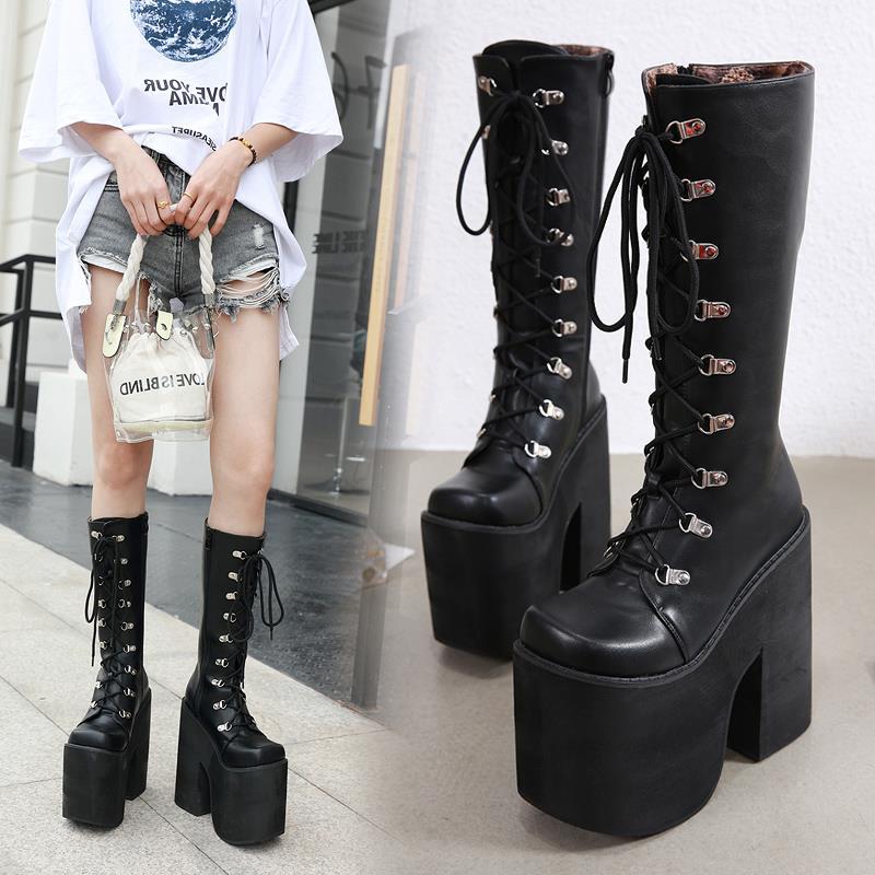 ブーツ長靴 厚底 17cmショートブーツ ブーティー 太ヒール レースアップ 編み上げブーツ カジュアル コスプレ イベント 仮装 パーティー ハイヒール 厚底ブーツ-93
