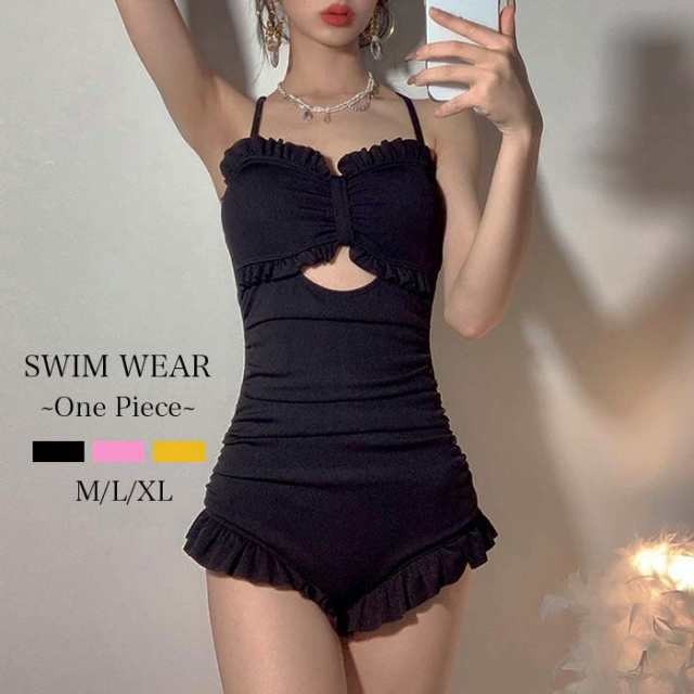 水着 ワンピースタイプ モノキニ バックシャン 背中開き フリフリ フリル ギャザー 無地 セクシー 可愛い お洒落 ノンワイヤー パッド付き MLXL
