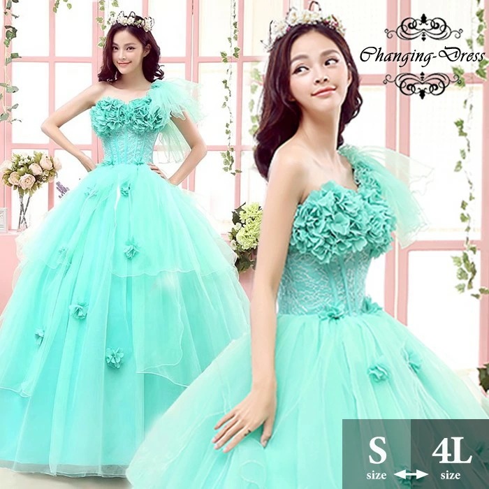 カラードレス お色直し ライトグリーン 浅い緑 結婚式 ロングドレス 演奏会 袖なし ノースリーブ ワンショルダー 編み上げ パーティードレス フォト婚 ピアノ発表会 イブニングドレス プリンセスライ