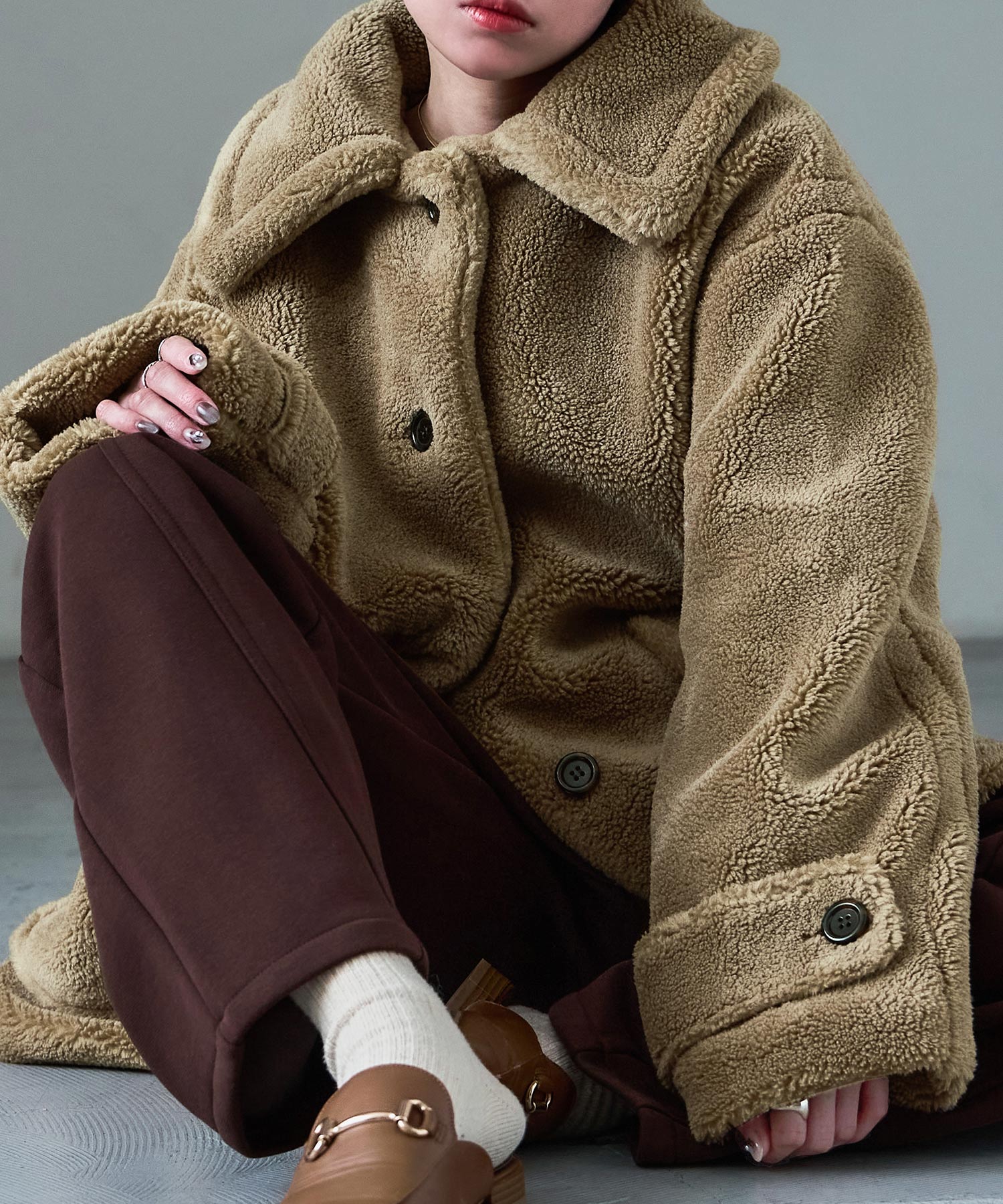 ミドル丈 テディボア ステンカラーコート テディコート ショートコート ジャケット ブルゾン ボア ゆったり ロング丈 韓国ファッション 低身長 高身長 あったか アウター ママコーデ きれいめ