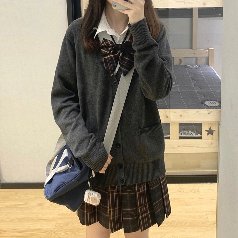 オリジナルセーターカーディガンジャケット女性用初和風カレッジスタイル制服スクールスタイルダークグレー長袖ニットトップス