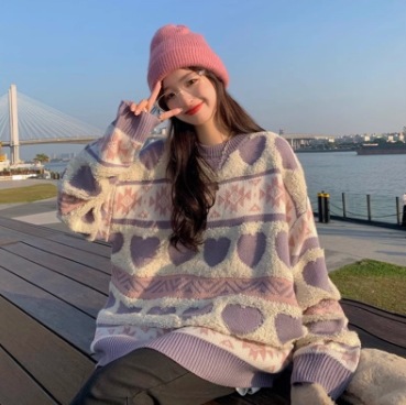 レディース トップス ニット セーター プルオーバー 長袖 萌袖 ラウンドネック クルーネック 襟なし ノーカラー かわいい ラフ ガーリー キュート ハート柄 総柄 秋 冬 10代 20代 学生