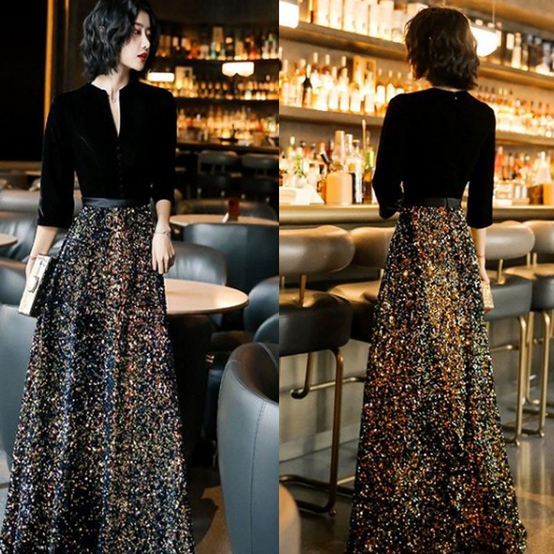 パーティードレス 結婚式 フォーマル ロング丈 袖あり キラキラ 大きいサイズ マキシ丈ワンピース