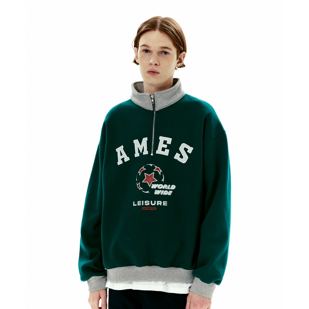 AMES-ワールドワイドサッカーロゴハーフジップアップグリーン