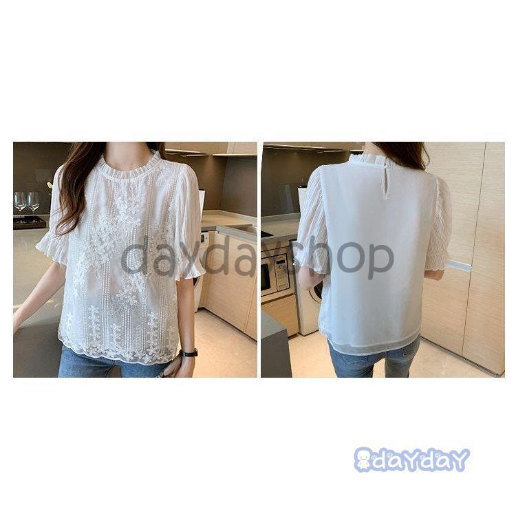 ブラウス パフスリーブ 花柄 半袖 首元フリル 刺繍 ロマンティック 涼しげ デート 女子会 かわいい 美人 ママ ドライブ 可愛い ストリート