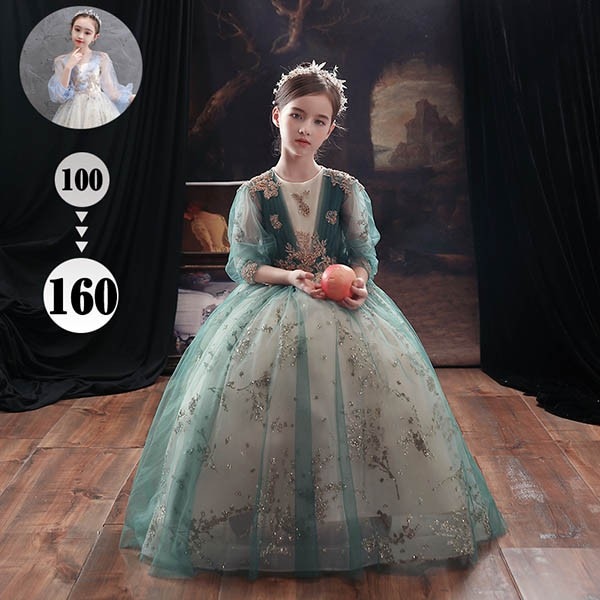 ピアノ発表会 ドレス 中学生 ワンピース キッズドレス 子供服 結婚式 女の子 ロング丈 長袖 透け感 ポワン袖 クラシカル プリンセスライン ロング 袖あり 演奏会 フォーマルドレス パーティードレ