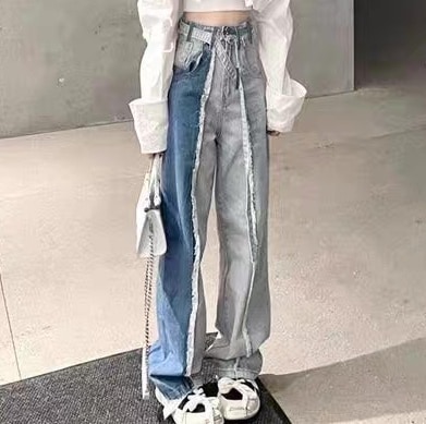 レディース パンツ ボトムス Gパン ストレートパンツ ロングパンツ ワイドパンツ デニムパンツ フルレングス 切り替え ドッキング ストリート カットオフ パッチワーク ハイウエスト フリンジ