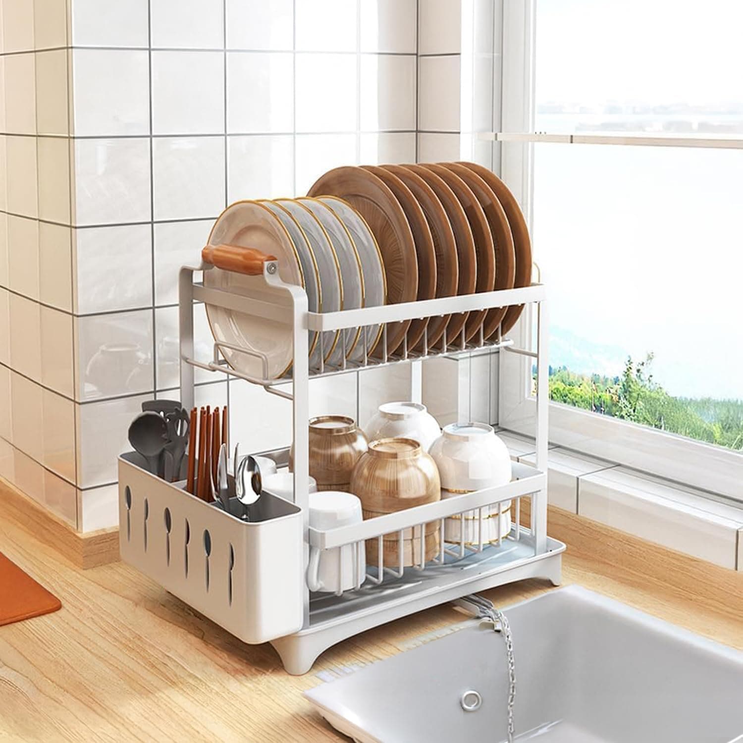 2段式スチール製水切りラック 360度回転・自動排水機能付 箸立て小物収納付 幅36×奥行25×高さ37cm ホワイト