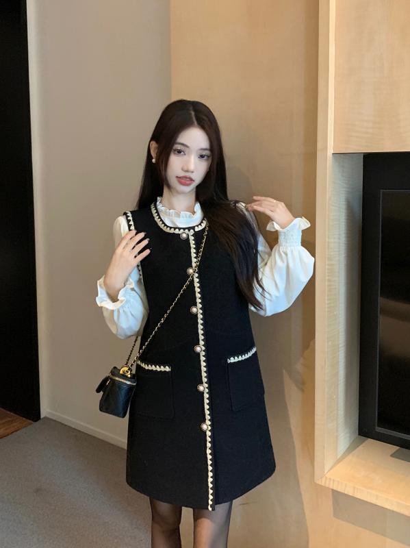 ジャンパースカート 大人 レディース 春秋 ミニ丈 ノースリーブ ワンピース ラウンドネック ボタン ポケット おしゃれ 黒 大きいサイズ