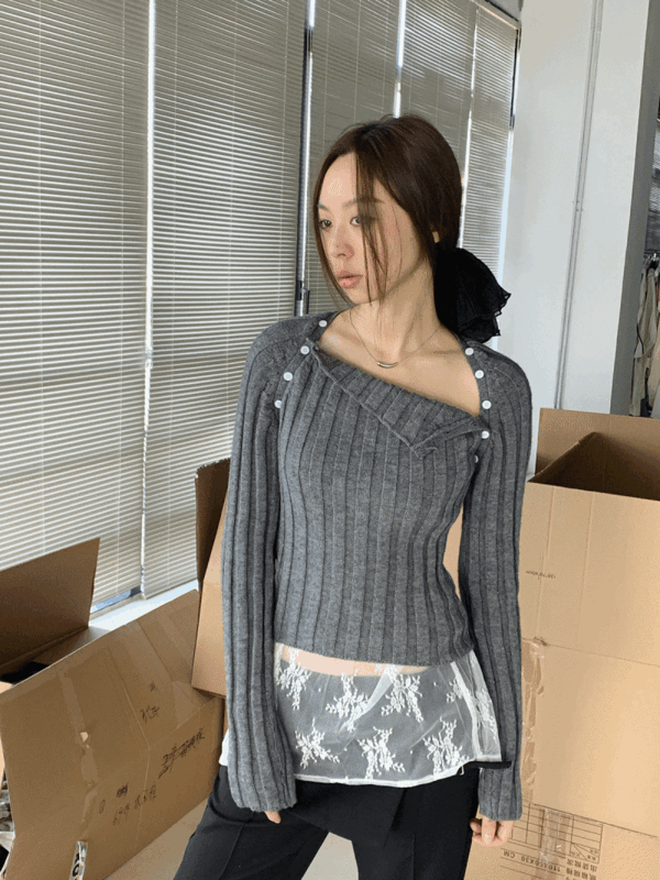 와이드 골지 사이드 버튼 긴팔 티