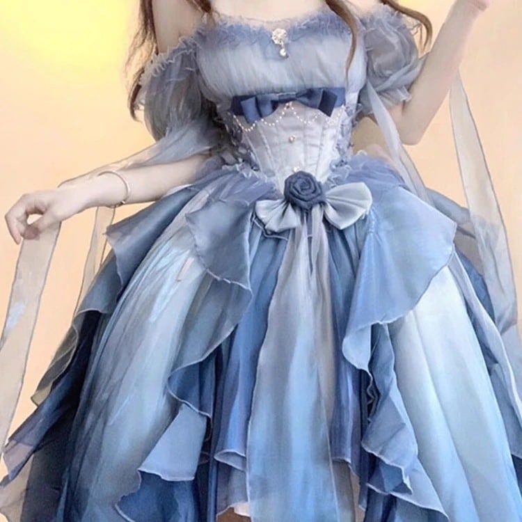 早買い早割 ワンピースブルー前短後ロング花嫁ドレスロリータワンピースワンピースロリータ重工モップポンポンプリンセススカート