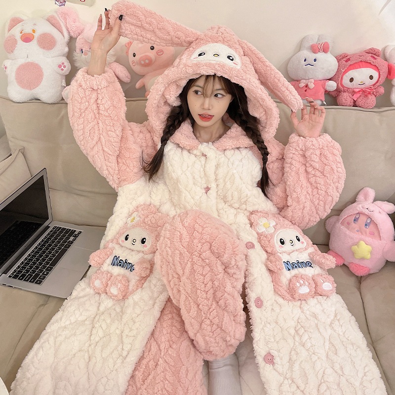 マイメロディパジャマ女性冬珊瑚絨毯厚手3層綿入り冬用ガウンロングバスローブ保温セット
