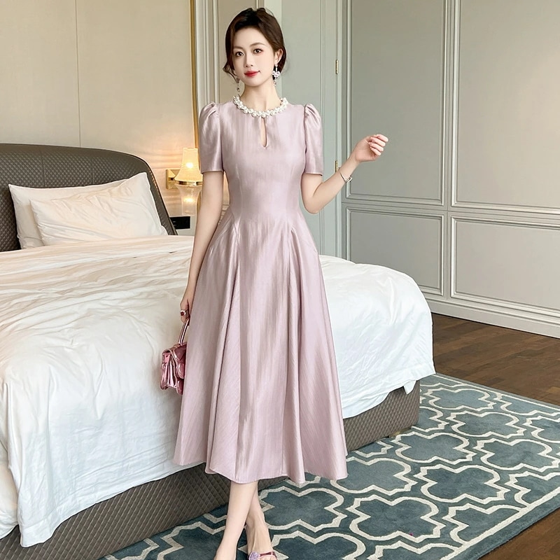 パーティードレス ロングワンピース 光沢感 華やか パフスリーブ イブニングドレス 絶妙な エレガント きれいめ おしゃれ 姫系ワンピース オケージョンドレス 発表会 演奏会 20代 30代 40代
