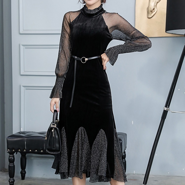 新作 春 秋 冬 フィッシュテールワンピース ブラックドレス フォーマル ハイウエスト レトロ 韓国