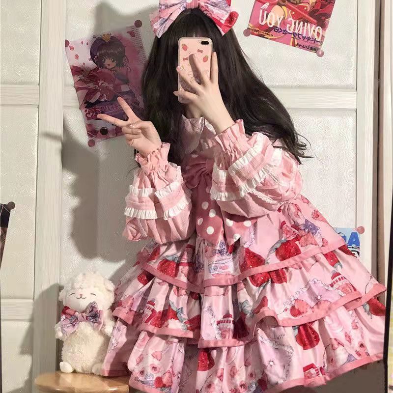 ロリータスカート小さないちごミルクボール3段ロリータドレスJSKサスペンダースカート