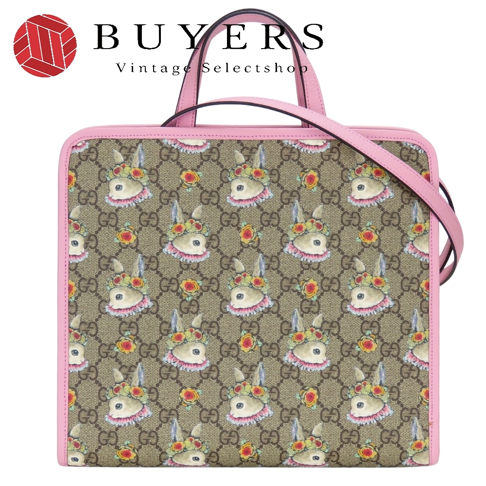 中古 極美品 トートバッグ ヒグチユウコ 630542 チルドレンズ GGスプリームキャンバス ピンク ベージュ 2WAY 肩掛け うさぎ レディース 女性