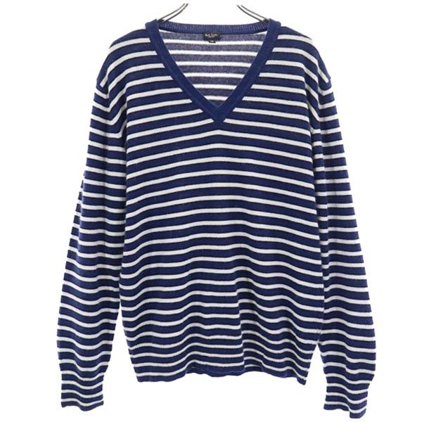 日本製 カシミヤブレンド ボーダー 長袖 Vネック ニット M 紺系 セーター メンズ