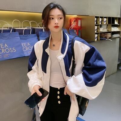 レディース ストリート バイカラー ブルゾン デニム ジャケット アウター ショート丈 ミディアム丈 無地 ハイネック オーバーサイズ ルーズ 大人可愛い ママコーデ ママファッション 韓国系 オルチ