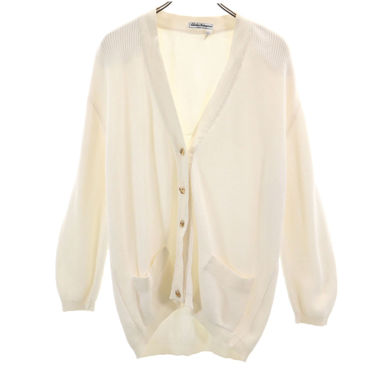 Salvatore Ferragamo サルヴァトーレフェラガモ イタリア製 長袖 Vネック ニットカーディガン L ホワイト レディース 古着