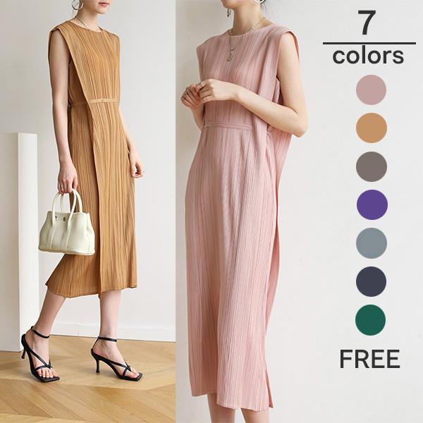 ワンピース レディース ロング 夏 ノースリーブ プリーツ Aライン ハイウエスト 無地 着痩せ デート OL ゆったりドレス おしゃれ 20代 30代 40代 キレイめ 上品