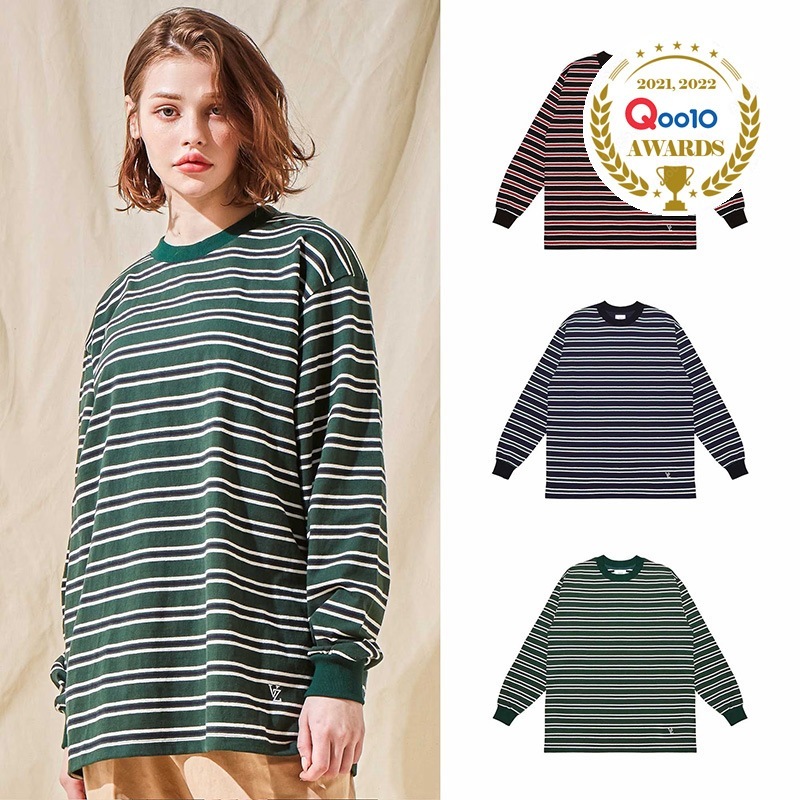 韓国ファッションVZ Logo Big Over Fit Boarder Long Sleeve