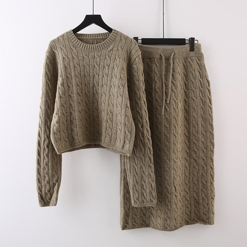 2点セット セットアップ 上下セット セーター 長袖 ラウンドネック ショート丈 プルオーバー ミモレ丈スカート ミモレ丈 ウエストゴム タイト かわいい 大人可愛い きれいめ シンプル カジュアル