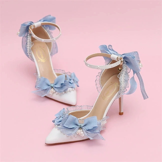 ブルー　レース ストラップパンプス　ハイヒール　ピンヒール　パンプス ストラップ　ポインテッドトゥパンプス　レース花　ヒール5/7/9cm　 レディース サンダル　靴 美脚 結婚式　ウエディングシュー