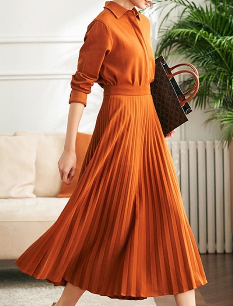 ワンピース シャツワンピース プリーツ ロングワンピース 長袖 フォーマルワンピース ロング丈 きれいめ 大人 上品 おしゃれ エレガント フォーマル 春 秋 OL デート お出かけ 休日
